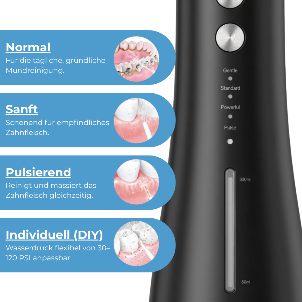 Kabellose Munddusche für effektive Zahn- & Zahnfleischpflege Mit 4 Modi & 4 Aufsätzen, 300 ml Wassertank, 30–120 PSI Wasserdruck und IPX7-Wasserschutz