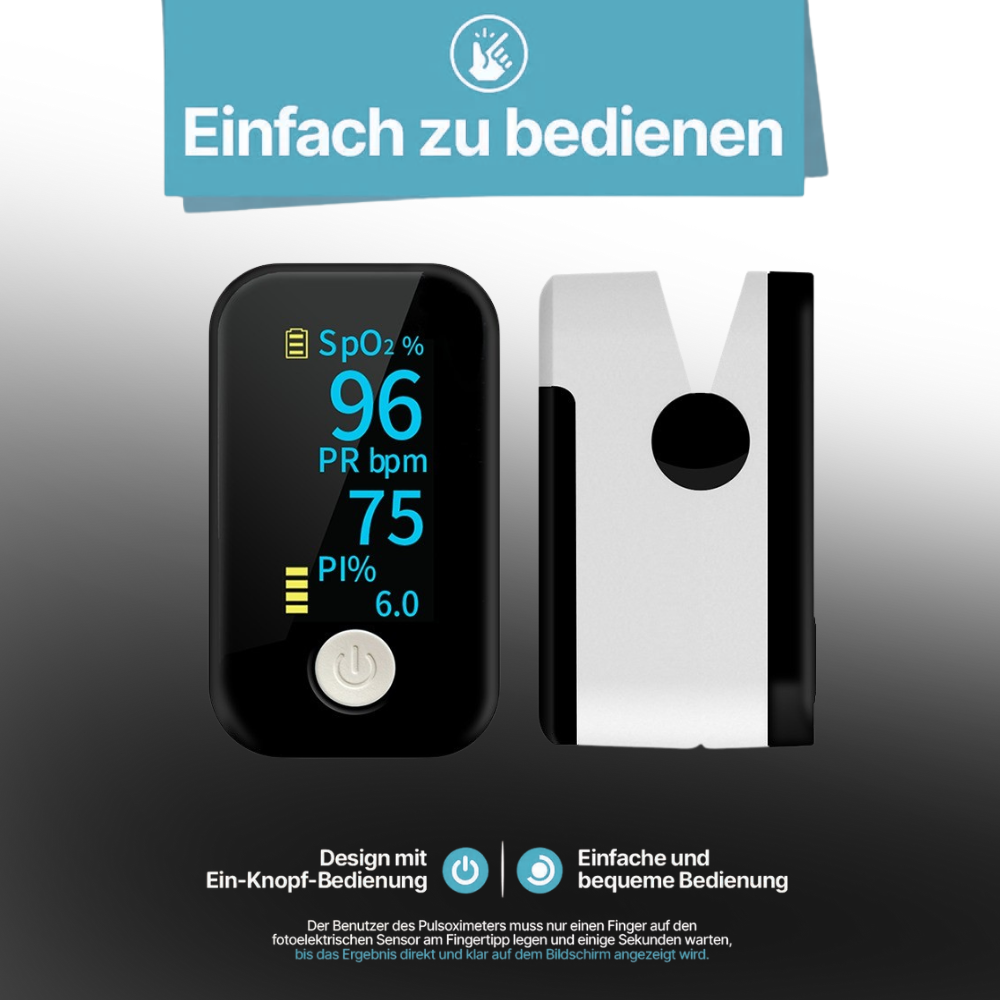 Professionelles Pulsoximeter / Blutsauerstoffmessgerät / Mit LED-Anzeige / Fortschrittliche Technologie für alle Altersgruppen / Pulsmessung, Sauerstoffsättigung und Perfusionsindex
